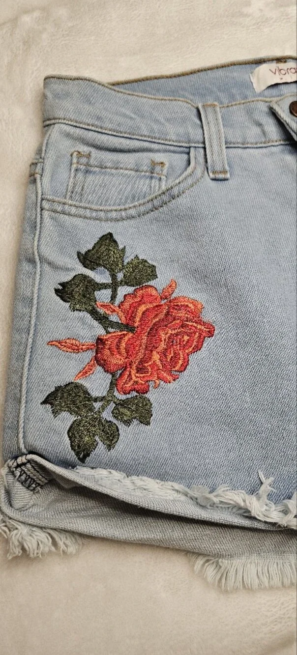Vibrant Light Blue Denim Shorts with Red Rose Embroidery - Picture 3 of 10